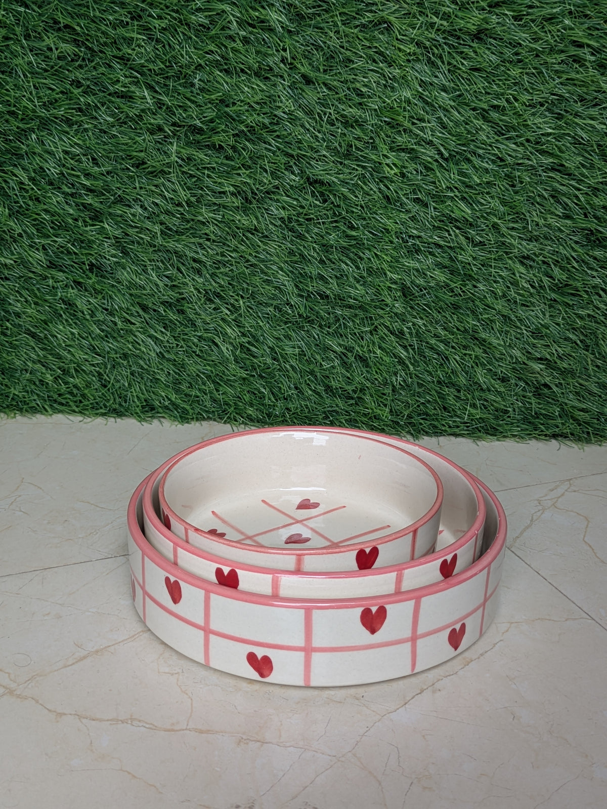 Blush Pink Heart Pattern Ceramic Salad Bowl Set