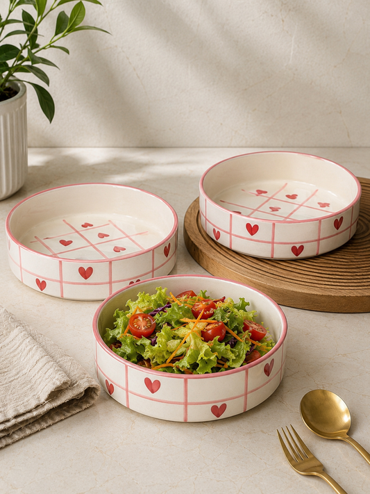 Blush Pink Heart Pattern Ceramic Salad Bowl Set