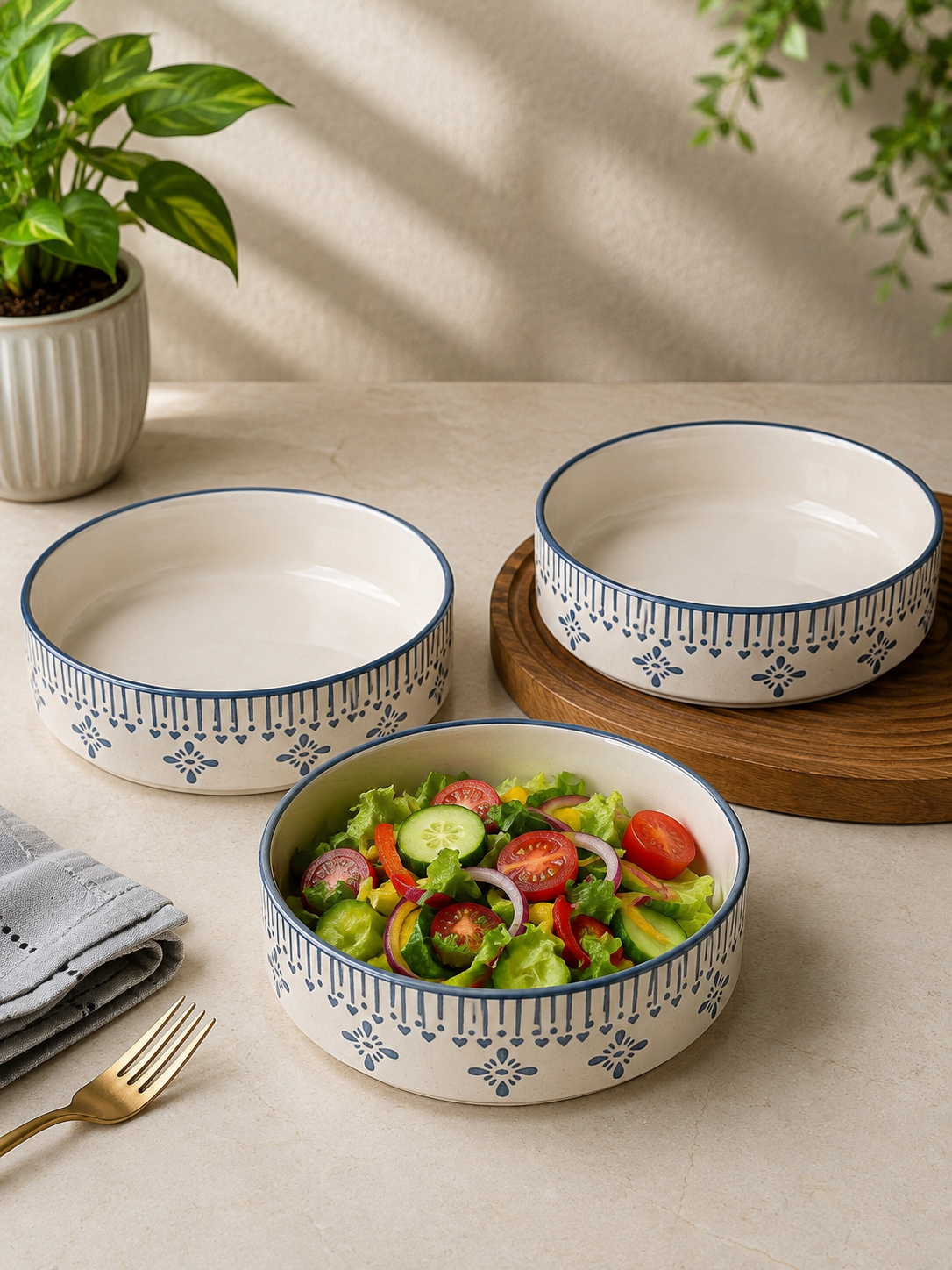 Grey Floral Ceramic Salad Bowl Set