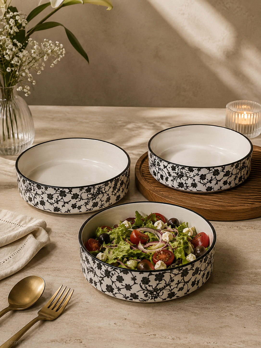 Black & White Geometric Ceramic Salad Bowl Set