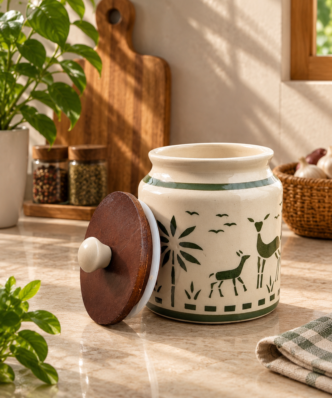 Whimsical Deer & Leaf Pattern Ceramic Air-tight Jar